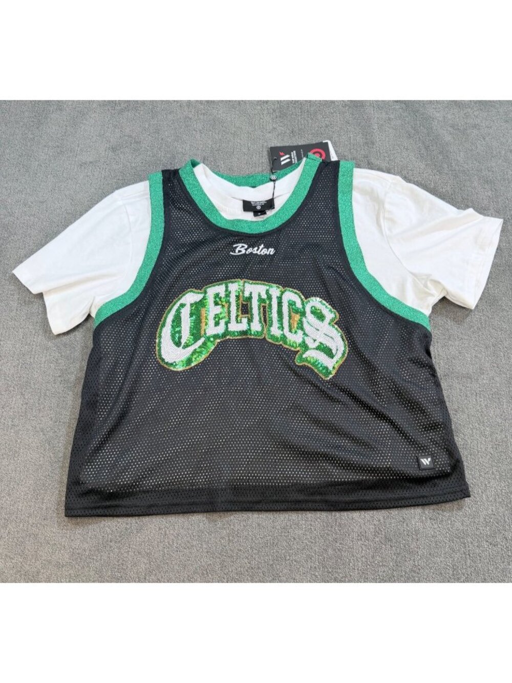 Gameday Glam Blokecore Boston Celtics Sequin Mesh Jersey Cropped Top Small
